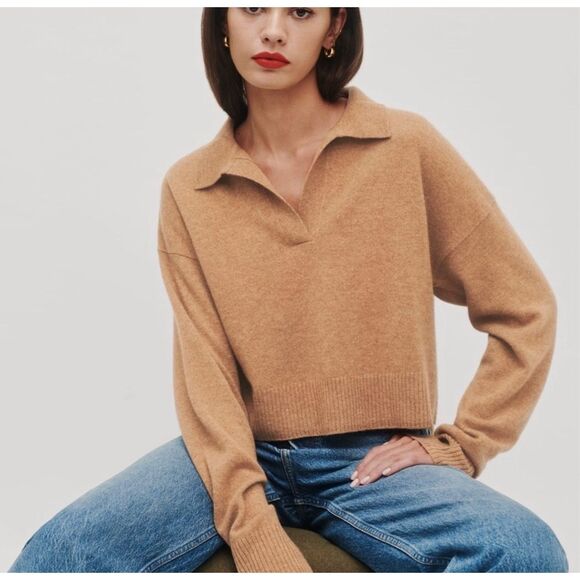 Reformation Sweaters - Reformation Cashmere Polo Jumper Pullover Sweater GUC Size Medium Camel Brown